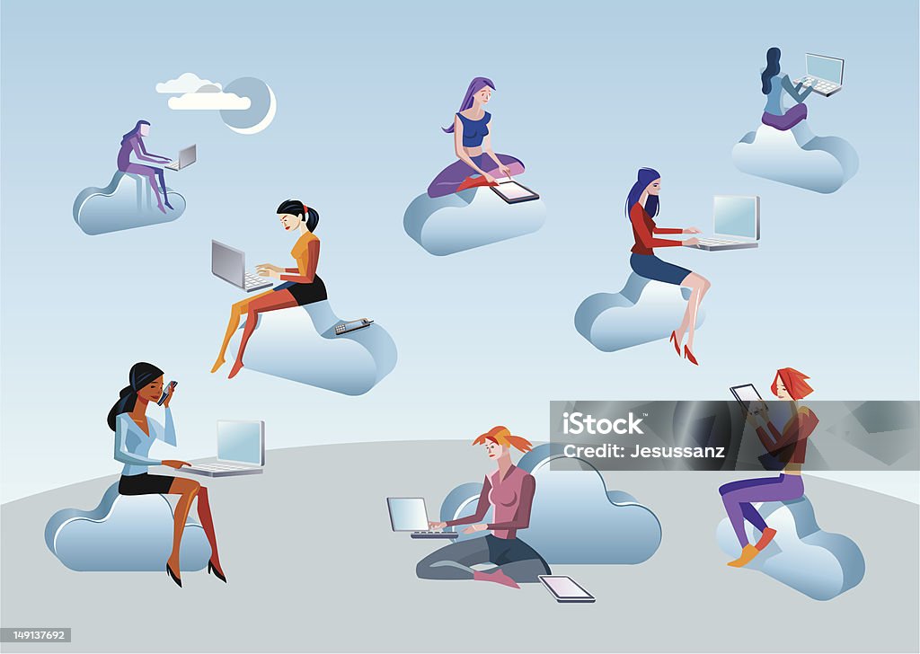 Nuage informatiques filles assis dans les nuages - clipart vectoriel de Assis libre de droits