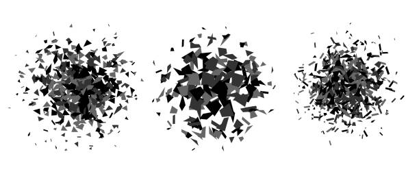 ilustraciones, imágenes clip art, dibujos animados e iconos de stock de conjunto de escombros y roturas en forma radial. piezas rotas negras y grises, manchas, motas y partículas. colección de elementos texturizados abstractos de explosión y explosión. ilustración vectorial - exploding breaking impact glass