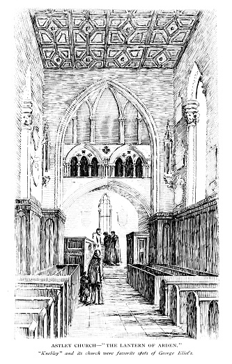 Astley Church, a setting in a George Eliot novel set in Warwickshire.  England. Mary Ann Evans (November 22, 1819 –December 22, 1880), known by her pen name George Eliot, was an English novelist, poet, journalist, translator. Illustration published 1897. Original edition is in my private collection. Copyright is in public domain.
