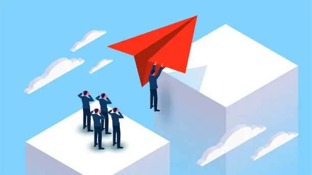 Vector illustration of Stand out, compare the advantages of competitors, the successful or leaders, isometric businessmen pulling red paper airplanes to fly to another space area