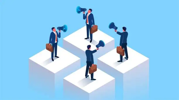 Vector illustration of Business promotion and advertising, marketing, business communication or team discussion, solving communication problems or communication barriers, isometric four businessmen standing in four different spaces with a megaphone