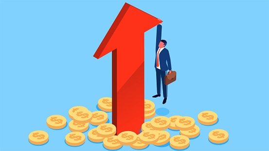 Revenue or profit growth, successful business or professional development, successful investment, upward or upward trend, isometric pile of gold coins inside the upward arrow pulling the businessman upward