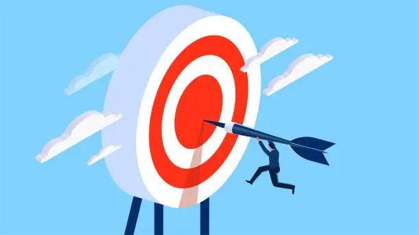 Vector illustration of Clarify goals and tasks, complete business or professional achievements, and businessmen jump up with darts to hit the bullseye