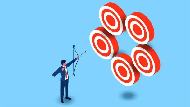 Vector illustration of Multiple tasks multiple targets, more efficient skillful and advantageous, businessman holding a bow and arrow aiming to shoot five targets