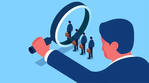 Vector illustration of Career managers looking for employees or candidates, HR recruiting, isometric managers looking at each businessman with a magnifying glass