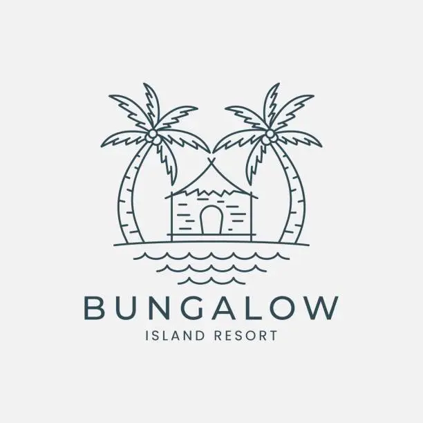 Vector illustration of bungalow line art logo vector illustration template design. resort island, palm tree and ocean logo