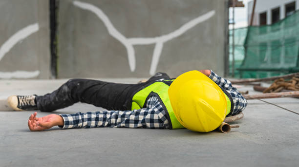 istock Workers at construction sites fall from heights, fall from scaffolding, are injured and lose consciousness. First aid assistance caused by an accident at work. Accidents at work. 1491394969