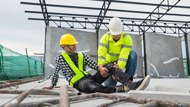 istock Workers at construction sites fall from heights, fall from scaffolding, injure their knees. with construction supervision engineers hurrying to help first aid in the first place Accidents at work. 1491394973