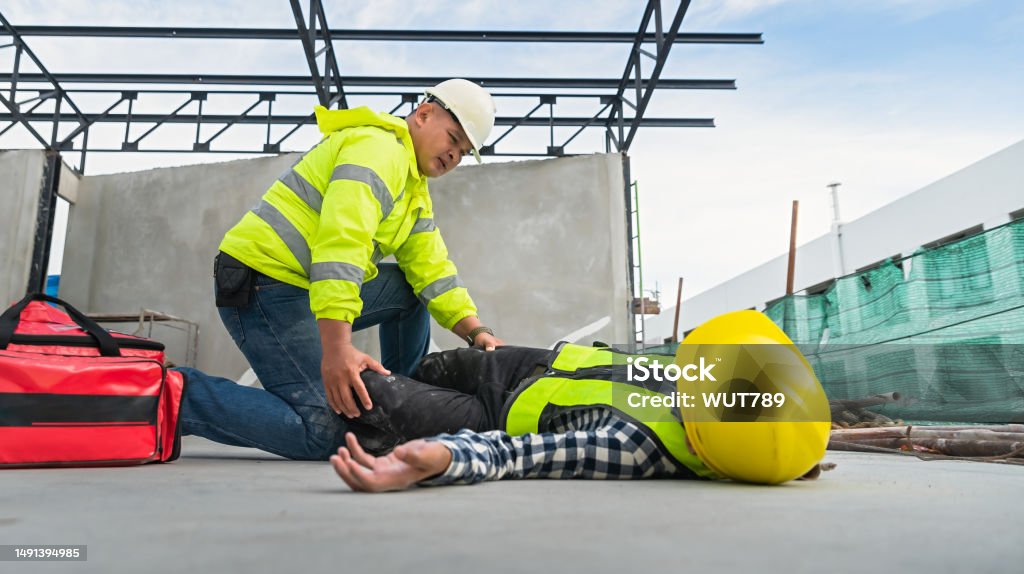 Fall In Building Construction Site Workers Fall From Heights Scaffolding With ...