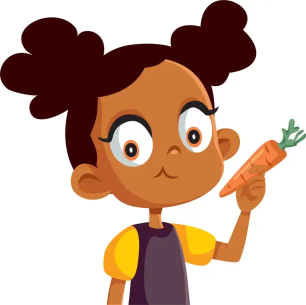 Vector illustration of Healthy Little Girl Eating a Carrot as Snack Vector Cartoon