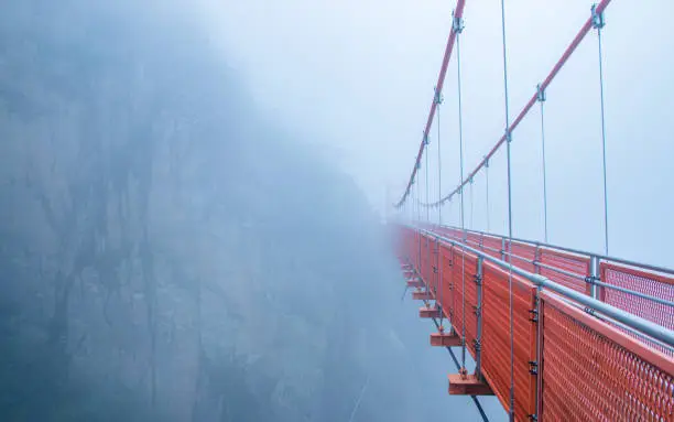 Landscape view of Cloud Bridge during foggy in Wolchulsan national Park, Yeongam, South Korea.
