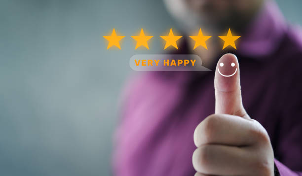 istock Hand with thumb up positive emotion smiley face icon and 5 star with copy space. 1491400188