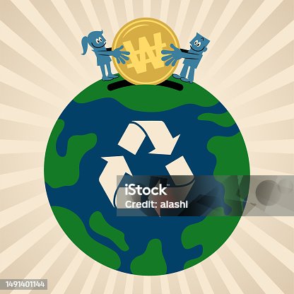 istock People put money into the planet Earth with a recycling symbol, the concept of sustainable business, growing a clean Eco Earth fund, and environmental protection 1491401144