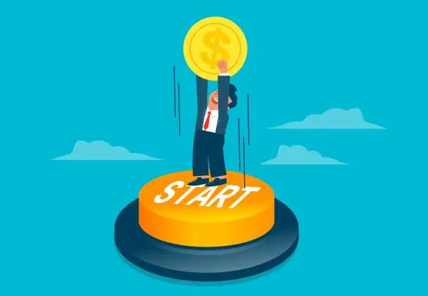 Vector illustration of Press the button to activate the switch to start a new career or a new business, start a new business plan, the businessman takes the gold coin and jumps on and activates the switch button