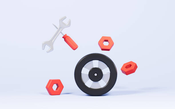 Cartoon repair tools and wheel on the blue background, 3d rendering. Digital drawing.