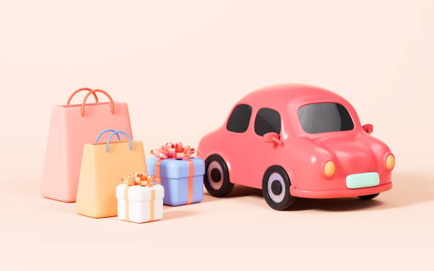 istock Cartoon car and gift box in the yellow background, 3d rendering. 1491404627