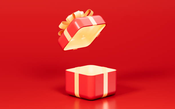 istock Red open gift box with gold bow on the red background, 3d rendering. 1491404629