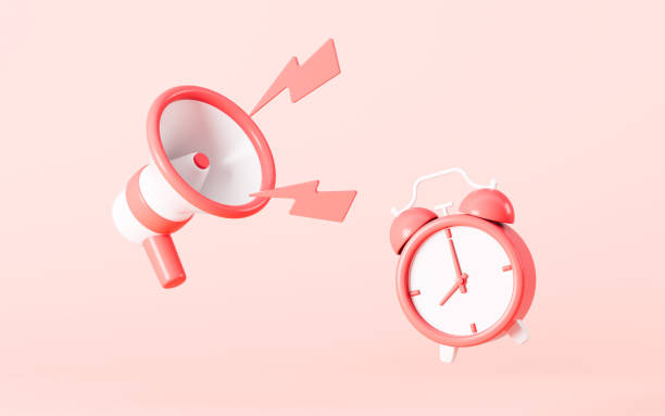 istock Cartoon loudspeaker and clock in the pink background, 3d rendering. 1491404670