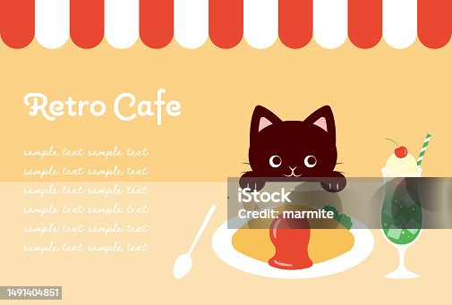 istock vector illustrations of a cat, ice cream float and rice omelet at Japanese-style retro cafe for banners, cards, flyers, social media wallpapers, etc. 1491404851