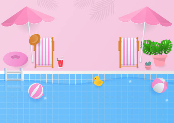 istock Summer background with pink beach chair and swimming pool 1491405688