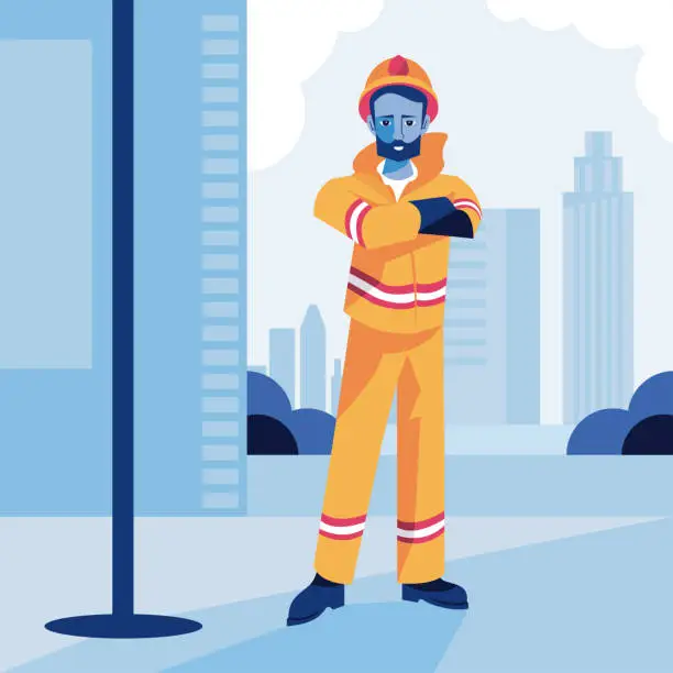 Vector illustration of Fireman stand up in station illustration