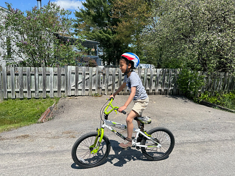 boy, bicycle, street, helmet, play