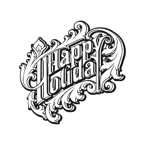 istock Happy holiday hand lettering word classic swirl elegant silhouette 1491409746