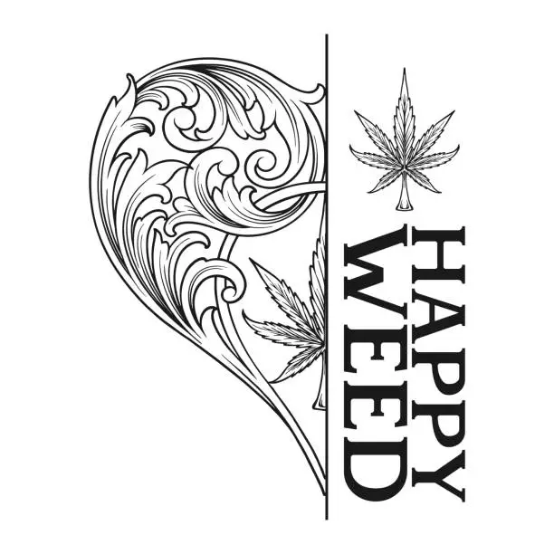 Vector illustration of Happy weed leaf heart classic flourish logo ornament monochrome