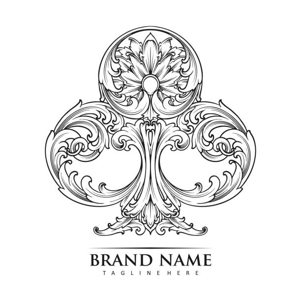 illustrations, cliparts, dessins animés et icônes de les clubs d’as classiques de luxe tourbillonnent des illustrations de logo floral monochrome - as de trèfle