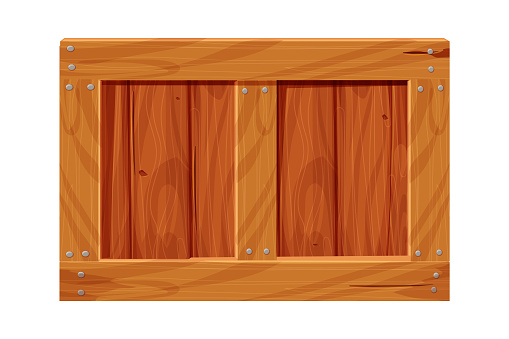 Wooden box, delivery container in cartoon style, game asset isolated on white background. Wood packing, open textured. Vector illustration