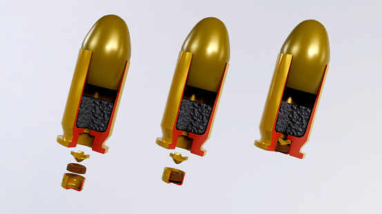 3d rendering of Cross-section of gun pistol bullet ammunition on white background