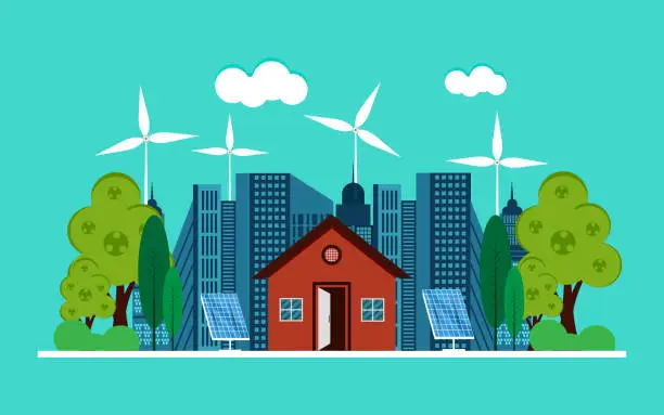 Vector illustration of Wind turbines and solar panels produce electricity for the city