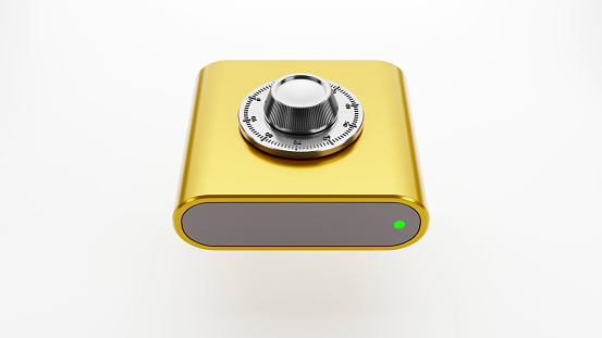 3d rendering of hard drive and combination lock, data protection concept