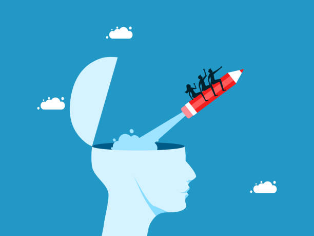 istock Creativity and imagination. Business team flying with a pencil out of a human head 1491414110
