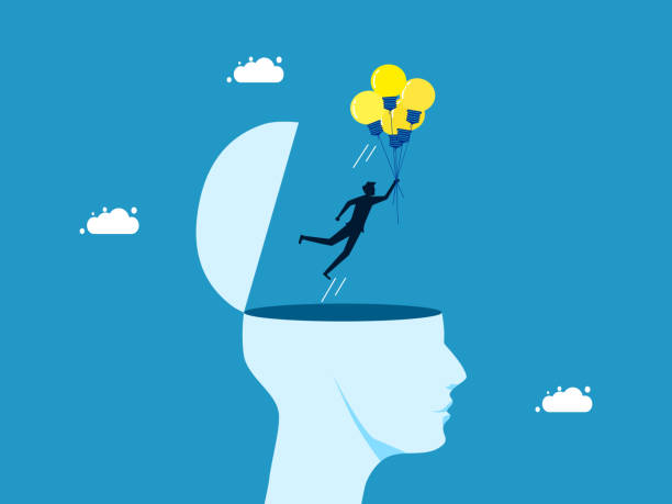 istock Free creativity and imagination. man flying with light bulb balloons flying out of human head 1491414551