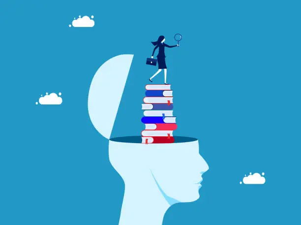 Vector illustration of The concept of learning and analysis. Businesswoman with magnifying glass on stack of books in human head