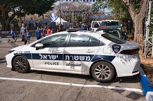 Raanana, Israel, March 24, 2023 Toyota Police car in the city park.