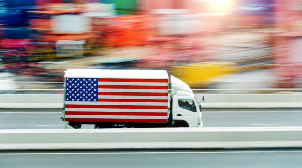 istock Driving truck with USA flag 1491417419