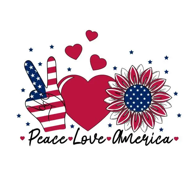 Vector illustration of Peace Love America Patriotic T shirt Design.  Independence day symbol with US Flag texture