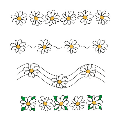Doodle divider with chamomile. Vector ornaments and garlands with decorative elements. Dividers set flowers for notebooks, diary, banners