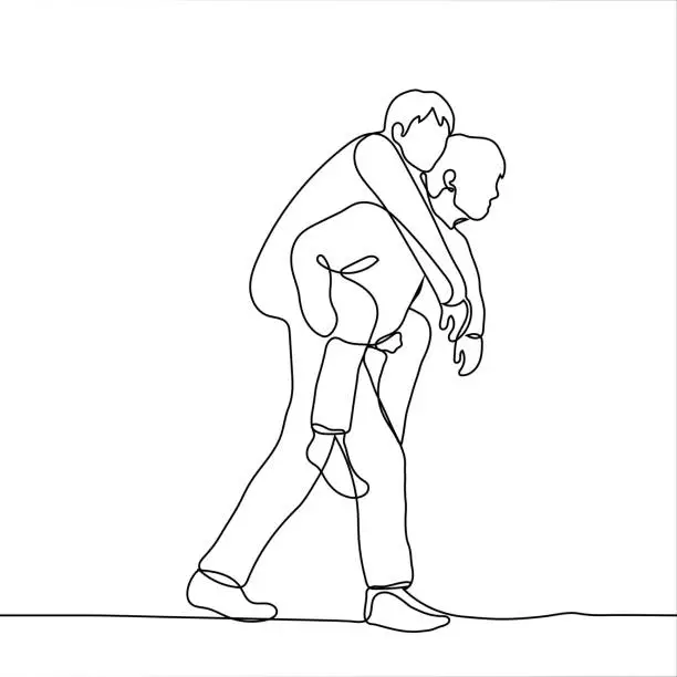 Vector illustration of man carries on the back of his comrade - one line drawing. the concept of intimate relationship, mutual help, revenue, physical assistance, partnership