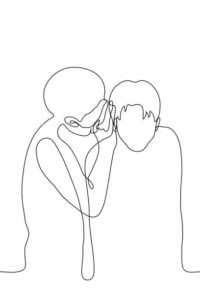 Vector illustration of two men are whispering. one line drawing of a man standing close to a friend and whispering in his ear, his friend lowered his head to listen carefully