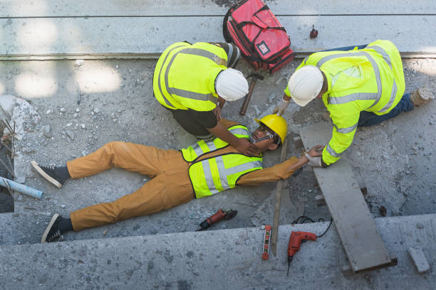 istock A construction worker had an accident at work, fell from a height, seriously injured. First aid to save the lives of construction site workers in an accident. 1491423163