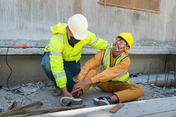istock A construction worker had an accident at work from stepping on a nail, seriously injured. First aid to save the lives of construction site workers in an accident. 1491423168