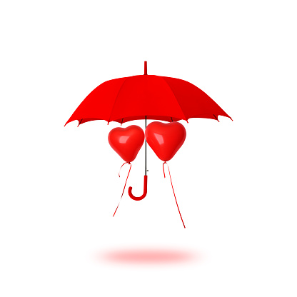 Two red heart-shaped balloons shared red umbrella floating in mid-air against white background.