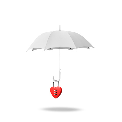 Close-up of white umbrella in mid-air with heart-shaped combination lock against white background.\nFishing for love concept.