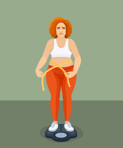 illustrations, cliparts, dessins animés et icônes de triste femme en surpoids debout sur une balance de poids. jeune femme mesurant sa taille. - femme transpiration sport