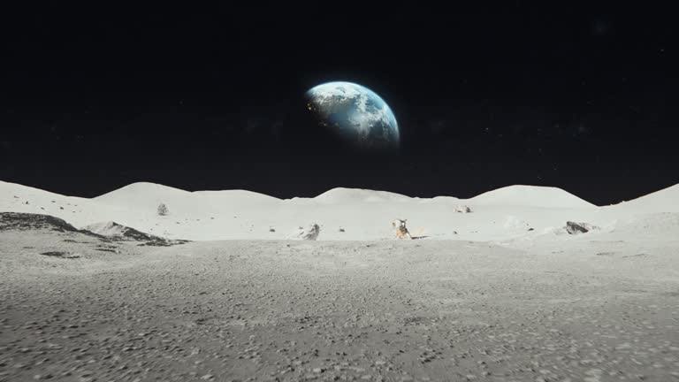 Earth as viewed from Moon surface. The surface of the moon, strewn with small rocks and sand. Flight over Moon craters. Moon surface, Desert, Cliffs, sand. Conception space abstract background.