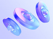 Futuristic neon composition with spheres and rings 3d render. Iridescent geometric shapes with holographic gradient texture, abstract glass sculptures, isolated graphic design objects