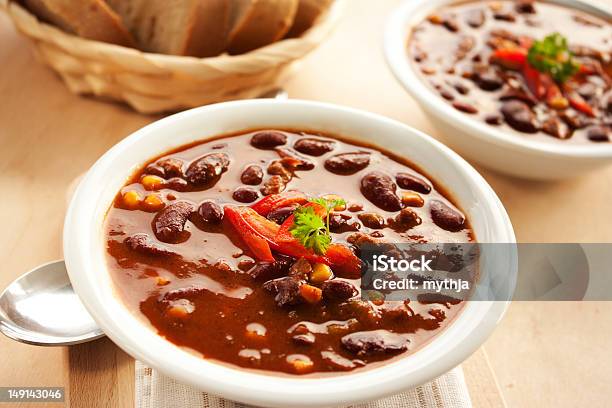 Chilli Con Carne With Sweet Corn In A White Bowl Stock Photo - Download Image Now - Two Objects, Bean, Chili Con Carne